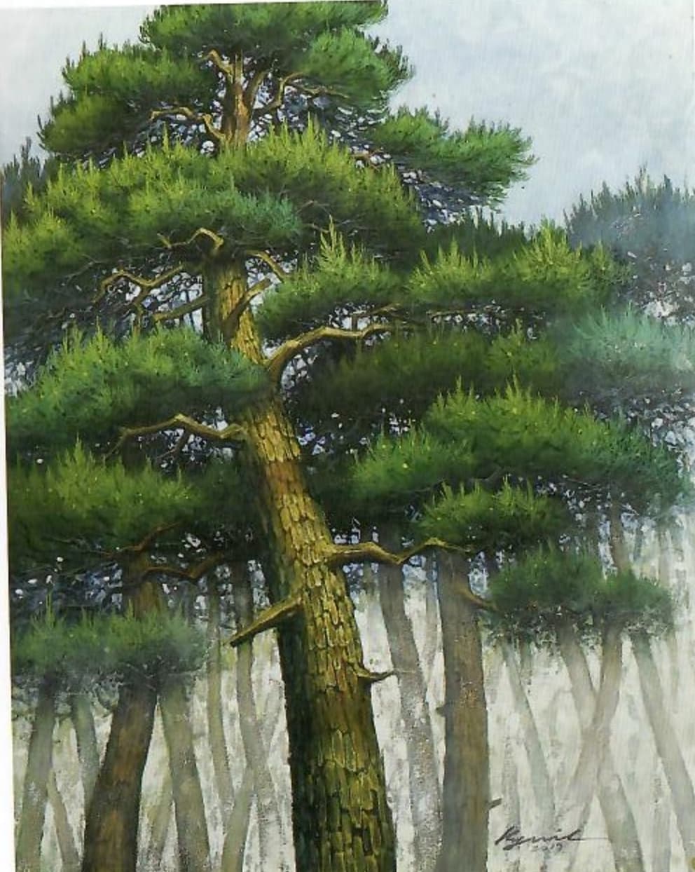안개 낀 숲 앞에 곧게 선 소나무를 그린 솔의 향기
